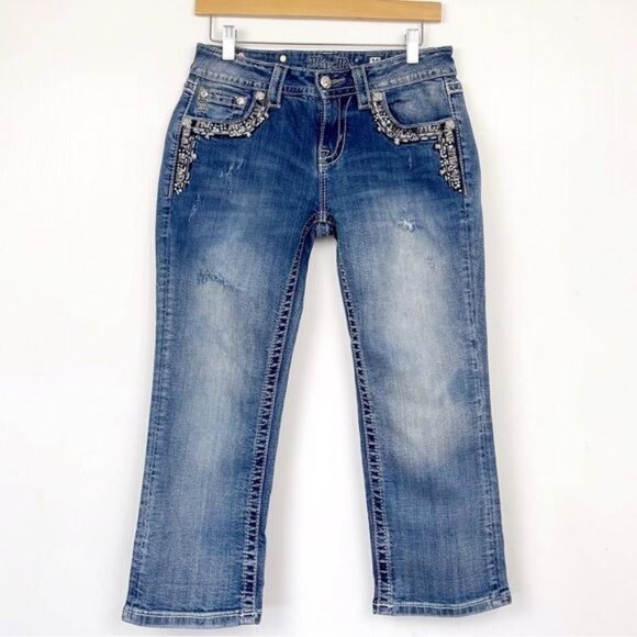 Miss Me Mid Rise Cuffed Capri Jeans Stretch Flap Pocket Rhinestones 28 - Picture 11 of 11